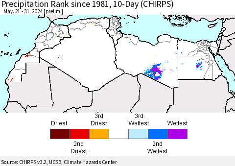 North Africa Precipitation Rank since 1981, 10-Day (CHIRPS) Thematic Map For 5/21/2024 - 5/31/2024