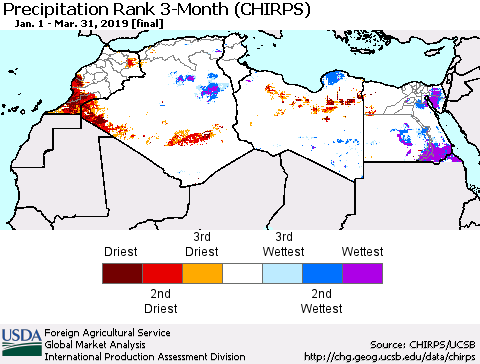 North Africa Precipitation Rank since 1981, 3-Month (CHIRPS) Thematic Map For 1/1/2019 - 3/31/2019