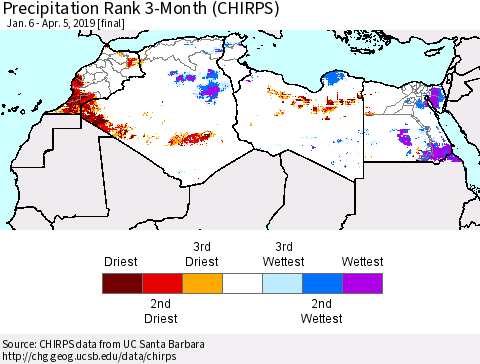 North Africa Precipitation Rank since 1981, 3-Month (CHIRPS) Thematic Map For 1/6/2019 - 4/5/2019