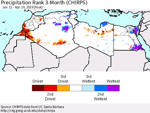 North Africa Precipitation Rank since 1981, 3-Month (CHIRPS) Thematic Map For 1/11/2019 - 4/10/2019