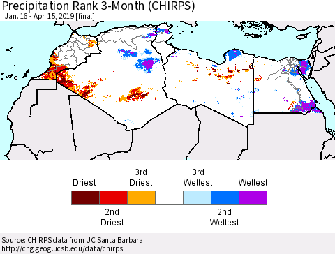 North Africa Precipitation Rank since 1981, 3-Month (CHIRPS) Thematic Map For 1/16/2019 - 4/15/2019