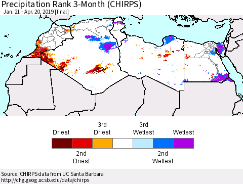 North Africa Precipitation Rank since 1981, 3-Month (CHIRPS) Thematic Map For 1/21/2019 - 4/20/2019