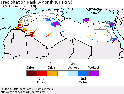North Africa Precipitation Rank since 1981, 3-Month (CHIRPS) Thematic Map For 2/11/2019 - 5/10/2019