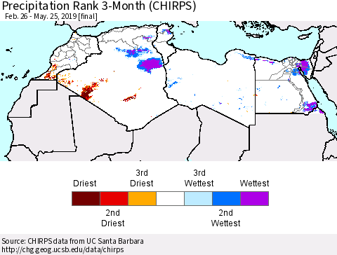 North Africa Precipitation Rank since 1981, 3-Month (CHIRPS) Thematic Map For 2/26/2019 - 5/25/2019