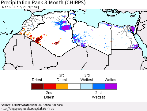 North Africa Precipitation Rank since 1981, 3-Month (CHIRPS) Thematic Map For 3/6/2019 - 6/5/2019