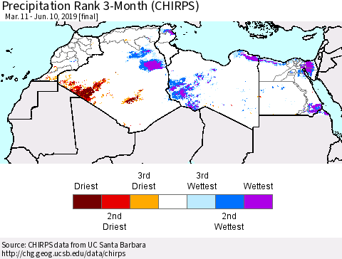 North Africa Precipitation Rank since 1981, 3-Month (CHIRPS) Thematic Map For 3/11/2019 - 6/10/2019