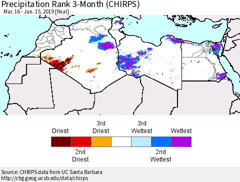 North Africa Precipitation Rank since 1981, 3-Month (CHIRPS) Thematic Map For 3/16/2019 - 6/15/2019