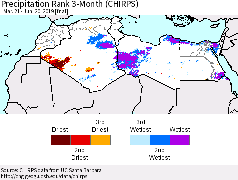 North Africa Precipitation Rank since 1981, 3-Month (CHIRPS) Thematic Map For 3/21/2019 - 6/20/2019