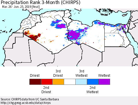 North Africa Precipitation Rank since 1981, 3-Month (CHIRPS) Thematic Map For 3/26/2019 - 6/25/2019