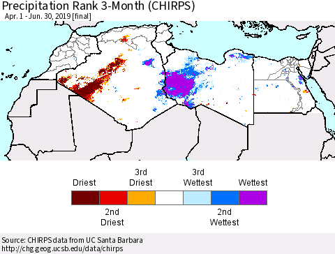 North Africa Precipitation Rank since 1981, 3-Month (CHIRPS) Thematic Map For 4/1/2019 - 6/30/2019