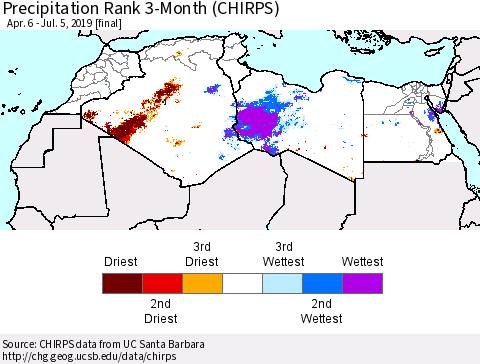 North Africa Precipitation Rank since 1981, 3-Month (CHIRPS) Thematic Map For 4/6/2019 - 7/5/2019