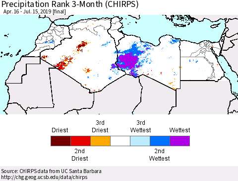 North Africa Precipitation Rank since 1981, 3-Month (CHIRPS) Thematic Map For 4/16/2019 - 7/15/2019