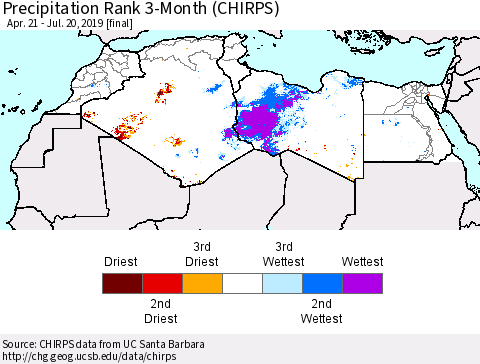 North Africa Precipitation Rank since 1981, 3-Month (CHIRPS) Thematic Map For 4/21/2019 - 7/20/2019