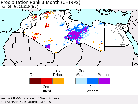North Africa Precipitation Rank since 1981, 3-Month (CHIRPS) Thematic Map For 4/26/2019 - 7/25/2019