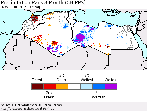 North Africa Precipitation Rank since 1981, 3-Month (CHIRPS) Thematic Map For 5/1/2019 - 7/31/2019