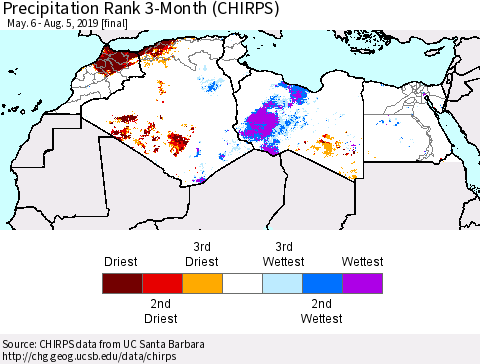 North Africa Precipitation Rank since 1981, 3-Month (CHIRPS) Thematic Map For 5/6/2019 - 8/5/2019