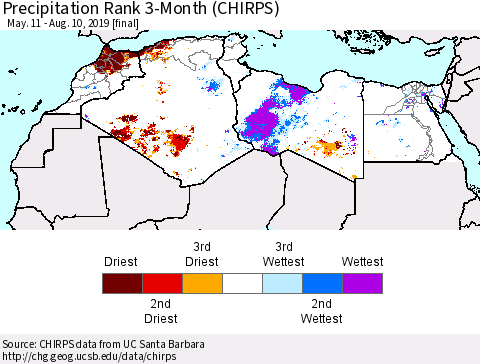 North Africa Precipitation Rank since 1981, 3-Month (CHIRPS) Thematic Map For 5/11/2019 - 8/10/2019