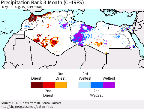 North Africa Precipitation Rank since 1981, 3-Month (CHIRPS) Thematic Map For 5/16/2019 - 8/15/2019