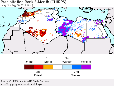 North Africa Precipitation Rank since 1981, 3-Month (CHIRPS) Thematic Map For 5/21/2019 - 8/20/2019