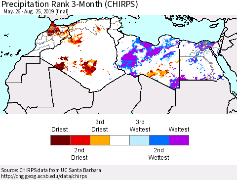 North Africa Precipitation Rank since 1981, 3-Month (CHIRPS) Thematic Map For 5/26/2019 - 8/25/2019