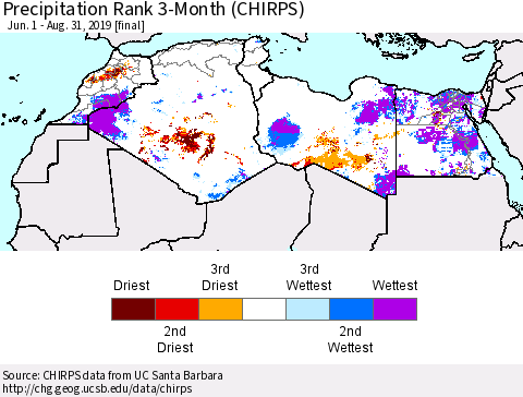 North Africa Precipitation Rank since 1981, 3-Month (CHIRPS) Thematic Map For 6/1/2019 - 8/31/2019
