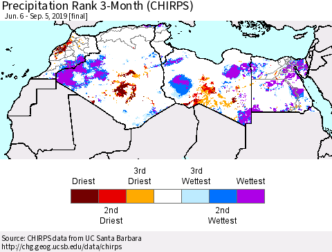 North Africa Precipitation Rank since 1981, 3-Month (CHIRPS) Thematic Map For 6/6/2019 - 9/5/2019