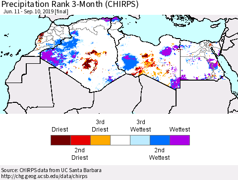 North Africa Precipitation Rank since 1981, 3-Month (CHIRPS) Thematic Map For 6/11/2019 - 9/10/2019