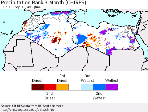 North Africa Precipitation Rank since 1981, 3-Month (CHIRPS) Thematic Map For 6/16/2019 - 9/15/2019
