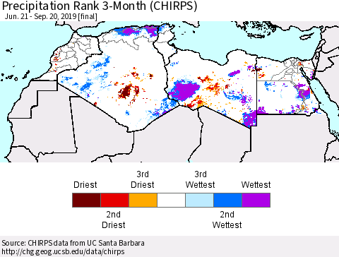 North Africa Precipitation Rank since 1981, 3-Month (CHIRPS) Thematic Map For 6/21/2019 - 9/20/2019