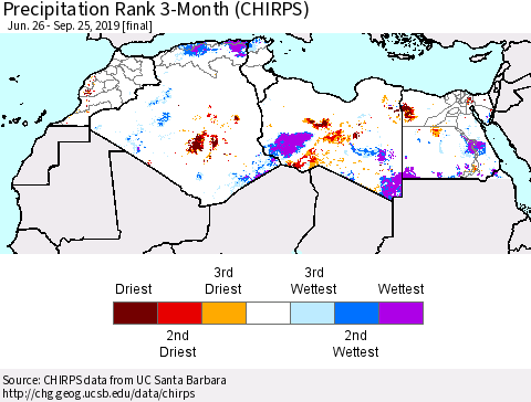 North Africa Precipitation Rank since 1981, 3-Month (CHIRPS) Thematic Map For 6/26/2019 - 9/25/2019