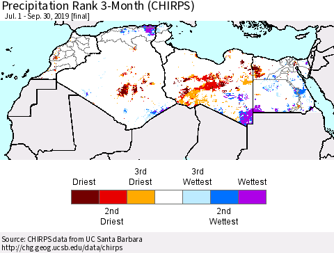 North Africa Precipitation Rank since 1981, 3-Month (CHIRPS) Thematic Map For 7/1/2019 - 9/30/2019