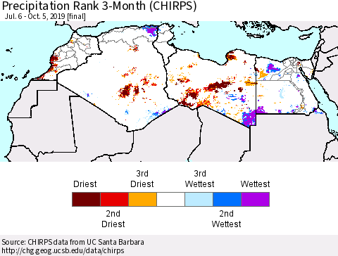 North Africa Precipitation Rank since 1981, 3-Month (CHIRPS) Thematic Map For 7/6/2019 - 10/5/2019