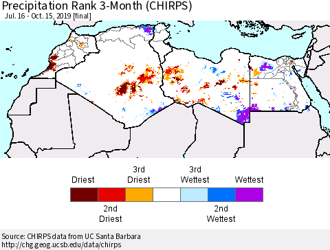 North Africa Precipitation Rank since 1981, 3-Month (CHIRPS) Thematic Map For 7/16/2019 - 10/15/2019