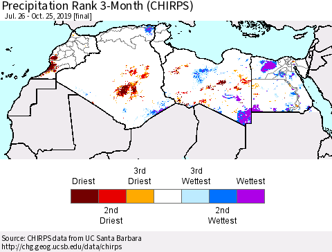 North Africa Precipitation Rank since 1981, 3-Month (CHIRPS) Thematic Map For 7/26/2019 - 10/25/2019