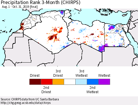 North Africa Precipitation Rank since 1981, 3-Month (CHIRPS) Thematic Map For 8/1/2019 - 10/31/2019