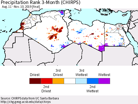 North Africa Precipitation Rank since 1981, 3-Month (CHIRPS) Thematic Map For 8/11/2019 - 11/10/2019