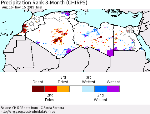North Africa Precipitation Rank since 1981, 3-Month (CHIRPS) Thematic Map For 8/16/2019 - 11/15/2019