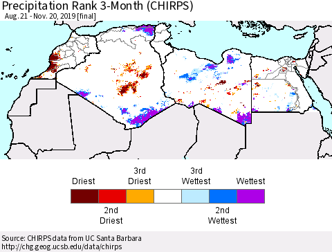North Africa Precipitation Rank since 1981, 3-Month (CHIRPS) Thematic Map For 8/21/2019 - 11/20/2019