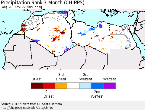North Africa Precipitation Rank since 1981, 3-Month (CHIRPS) Thematic Map For 8/26/2019 - 11/25/2019