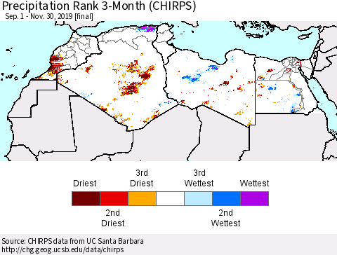 North Africa Precipitation Rank since 1981, 3-Month (CHIRPS) Thematic Map For 9/1/2019 - 11/30/2019