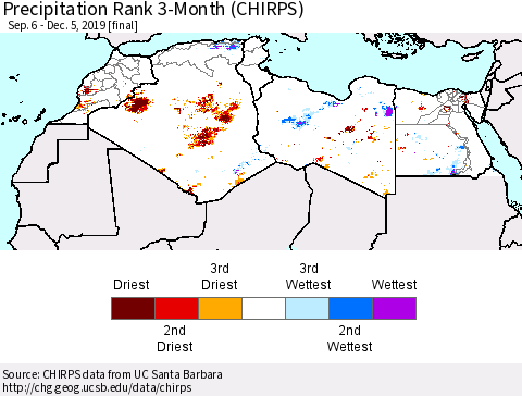 North Africa Precipitation Rank since 1981, 3-Month (CHIRPS) Thematic Map For 9/6/2019 - 12/5/2019