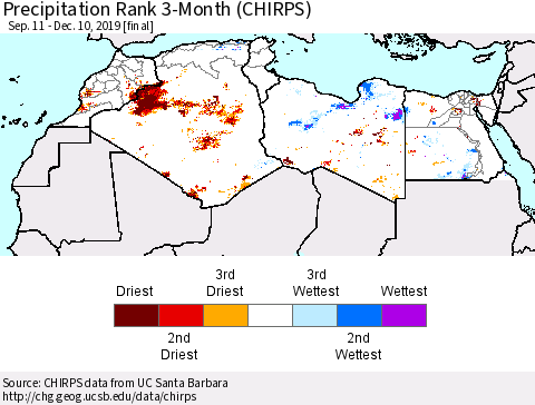 North Africa Precipitation Rank since 1981, 3-Month (CHIRPS) Thematic Map For 9/11/2019 - 12/10/2019