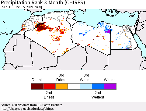 North Africa Precipitation Rank since 1981, 3-Month (CHIRPS) Thematic Map For 9/16/2019 - 12/15/2019