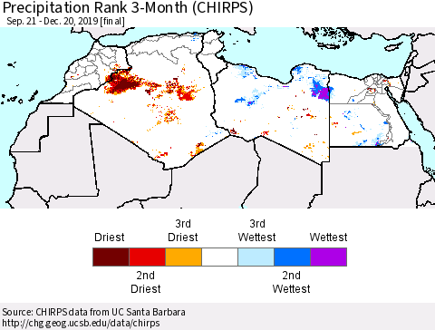 North Africa Precipitation Rank since 1981, 3-Month (CHIRPS) Thematic Map For 9/21/2019 - 12/20/2019