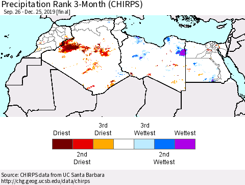 North Africa Precipitation Rank since 1981, 3-Month (CHIRPS) Thematic Map For 9/26/2019 - 12/25/2019