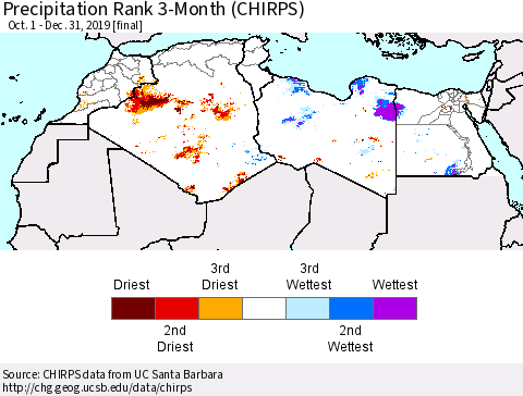 North Africa Precipitation Rank since 1981, 3-Month (CHIRPS) Thematic Map For 10/1/2019 - 12/31/2019