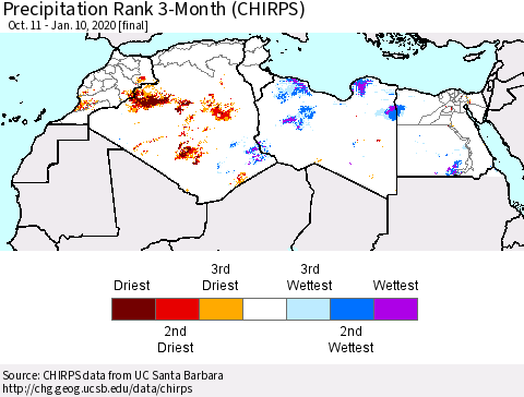 North Africa Precipitation Rank since 1981, 3-Month (CHIRPS) Thematic Map For 10/11/2019 - 1/10/2020