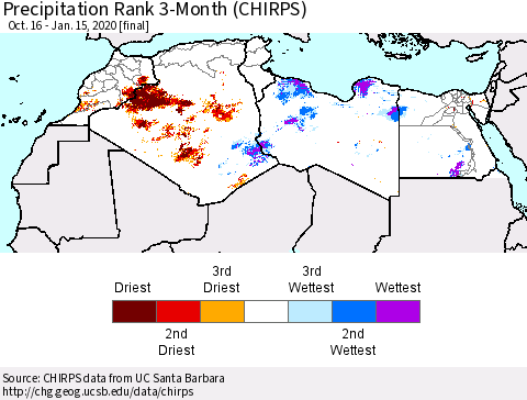 North Africa Precipitation Rank since 1981, 3-Month (CHIRPS) Thematic Map For 10/16/2019 - 1/15/2020