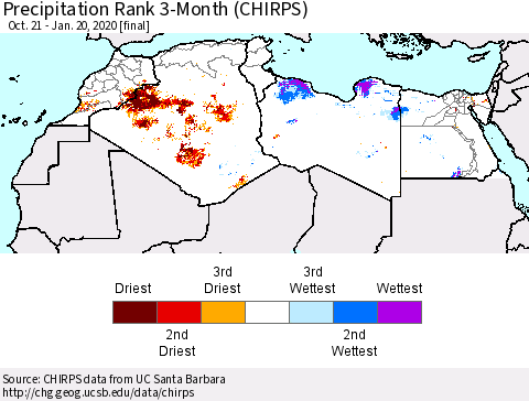 North Africa Precipitation Rank since 1981, 3-Month (CHIRPS) Thematic Map For 10/21/2019 - 1/20/2020