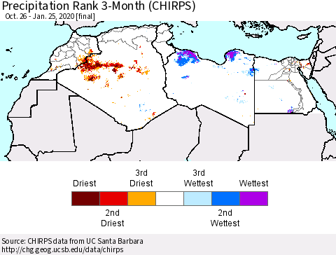 North Africa Precipitation Rank since 1981, 3-Month (CHIRPS) Thematic Map For 10/26/2019 - 1/25/2020
